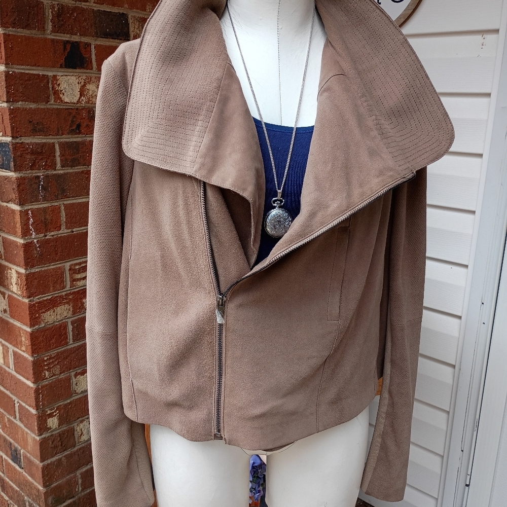 HALSTON HERITAGE SZ L CALFSKIN SUEDE ASYMETRICAL ZIPPER MOTO STYLE JACKET NWOT